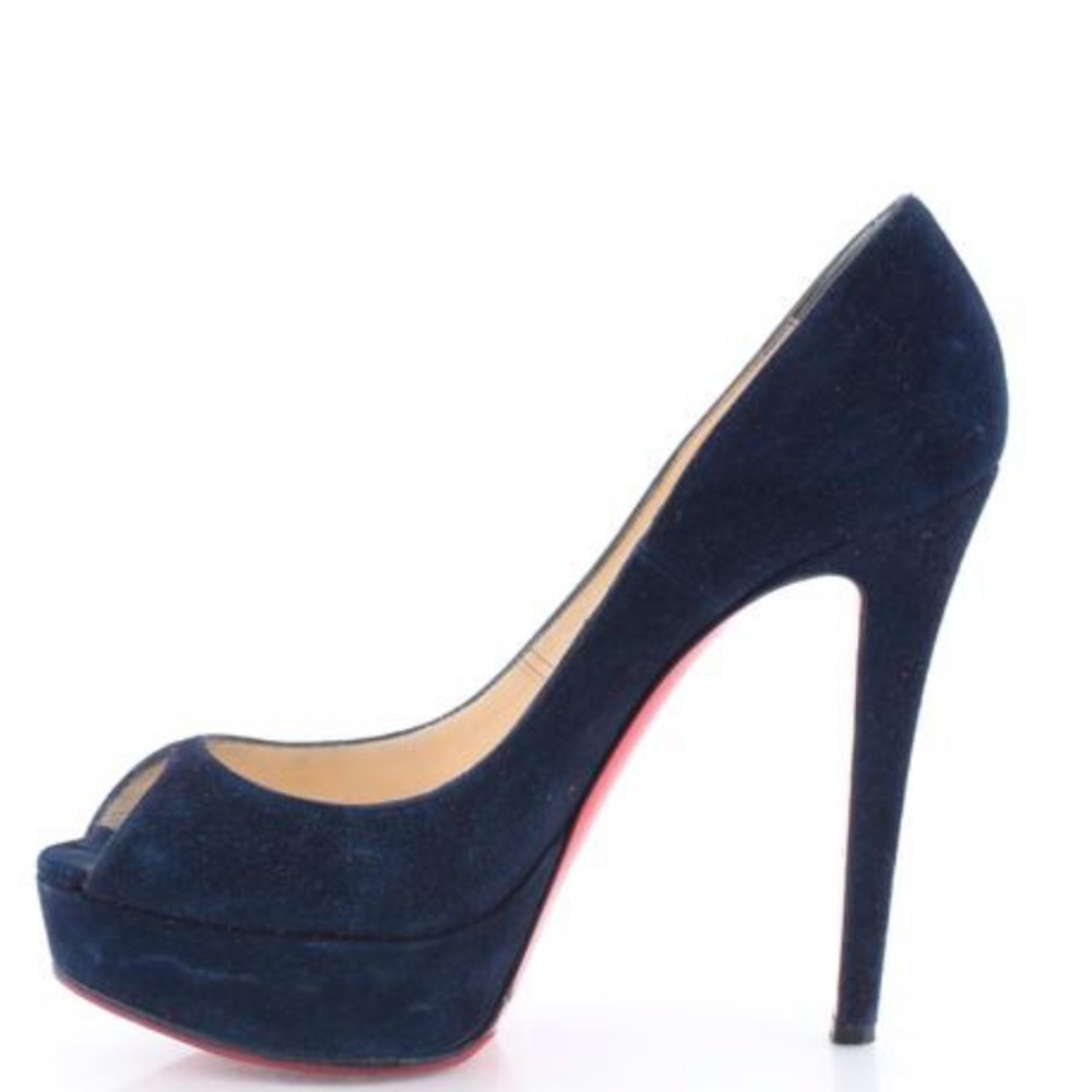 Christian Louboutin Navy Suede Platform Pumps with Red Soles - Picture 2 of 8
